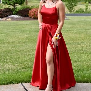 Red satin prom dress